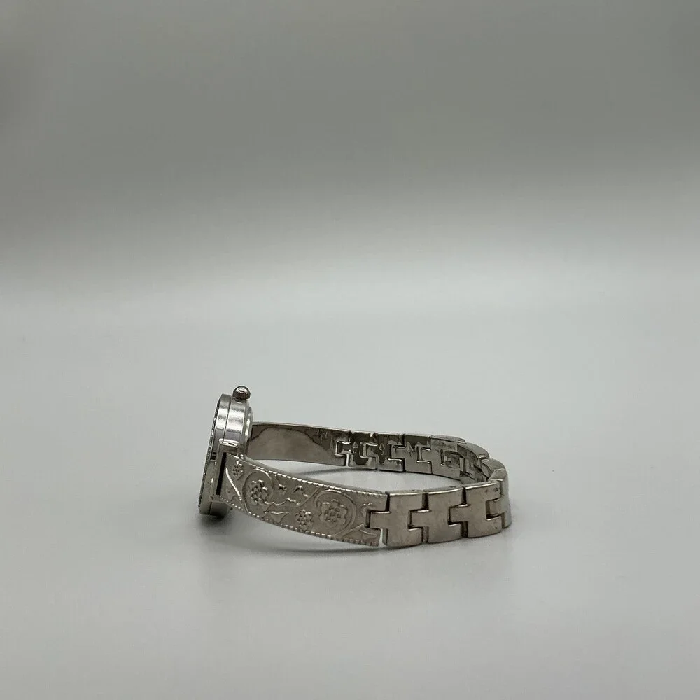 Valletta Womens Watch 24mm Silver Tone Floral Scroll Stretch Band New Battery
